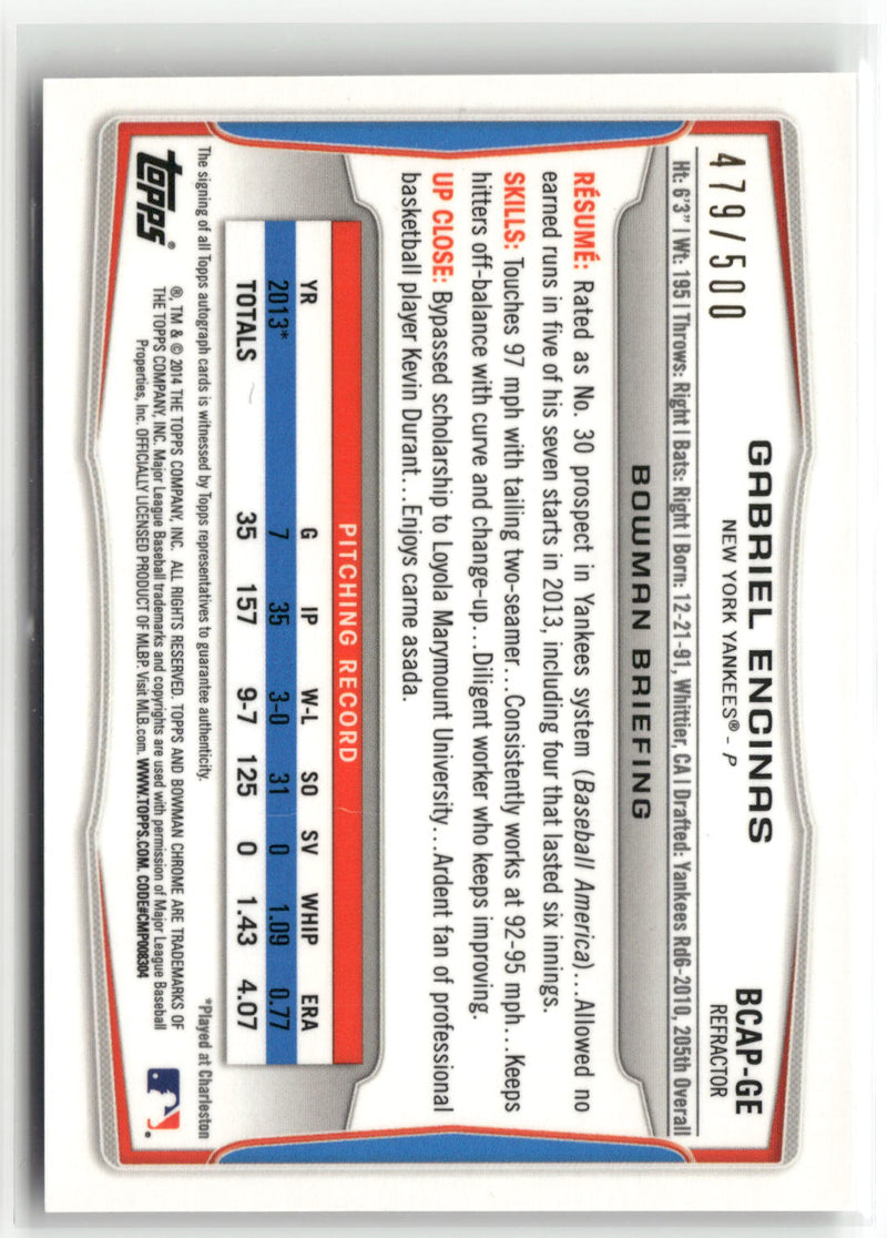 2014 Bowman #BCAP-GE Gabriel Encinas Chrome Prospect Autographs Refractors #/500-2