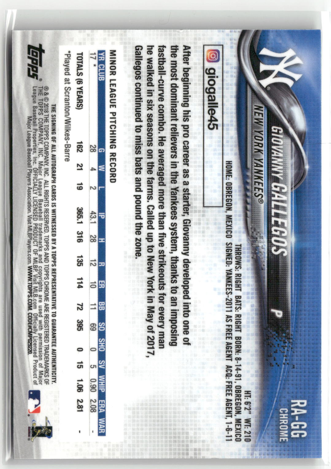 2018 Topps Chrome #RA-GG Giovanny Gallegos Rookie Autographs-2