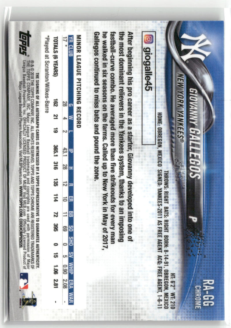 2018 Topps Chrome #RA-GG Giovanny Gallegos Rookie Autographs-2