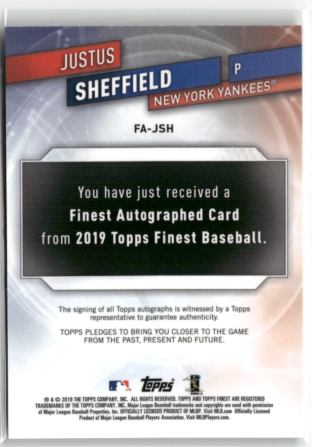 2019 Finest #FA-JSH Justus Sheffield Finest Autographs-2