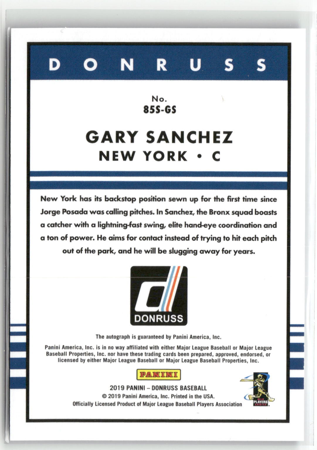 2019 Donruss #85S-GS Gary Sanchez Retro 1985 Signatures Blue #/99-2