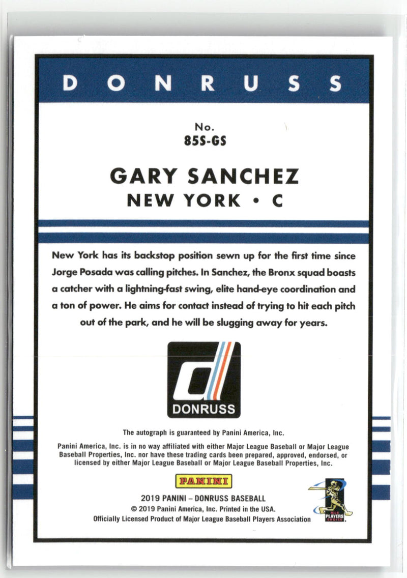 2019 Donruss #85S-GS Gary Sanchez Retro 1985 Signatures Blue #/99-2