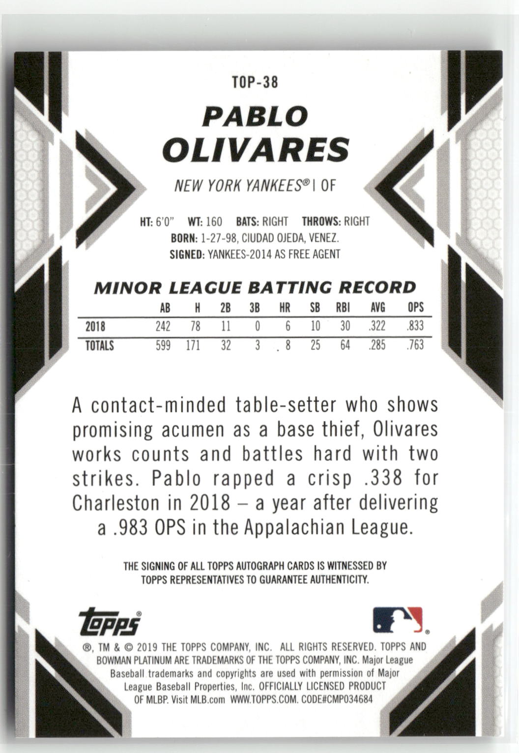 2019 Bowman Platinum #TOP-38 Pablo Olivares Top Prospects Autographs-2