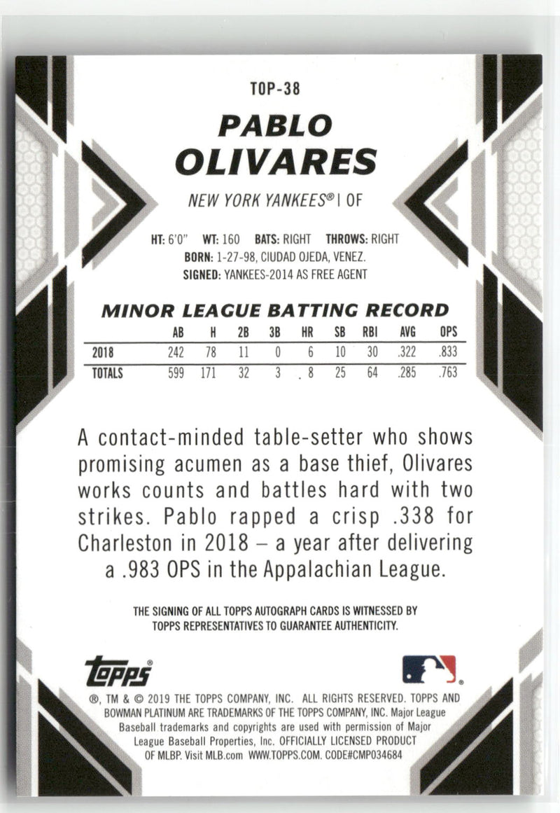 2019 Bowman Platinum #TOP-38 Pablo Olivares Top Prospects Autographs-2