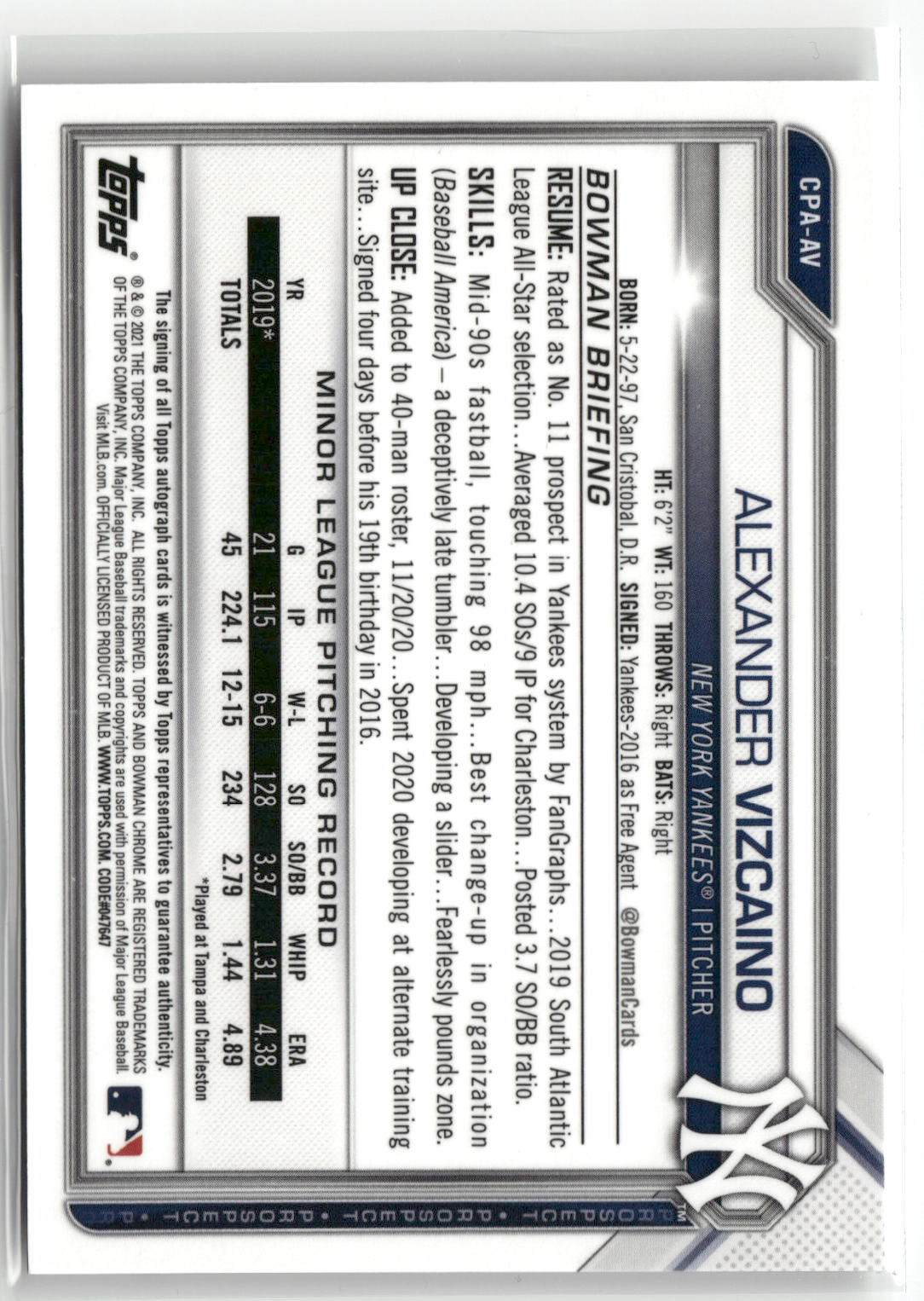 2021 Bowman Chrome #CPA-AV Alexander Vizcaino Prospect Autographs-2