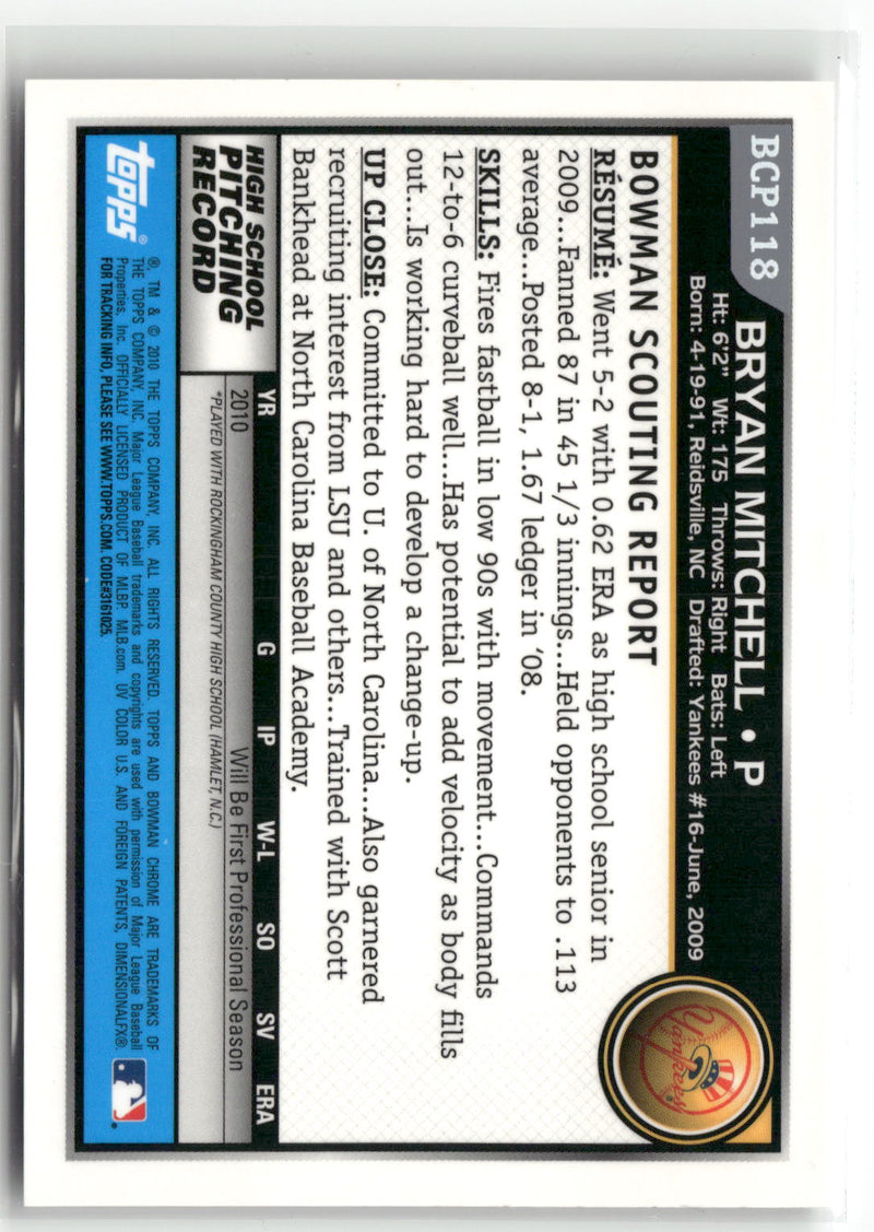 2010 Bowman Chrome #BCP118 Bryan Mitchell Prospects Autographs-2