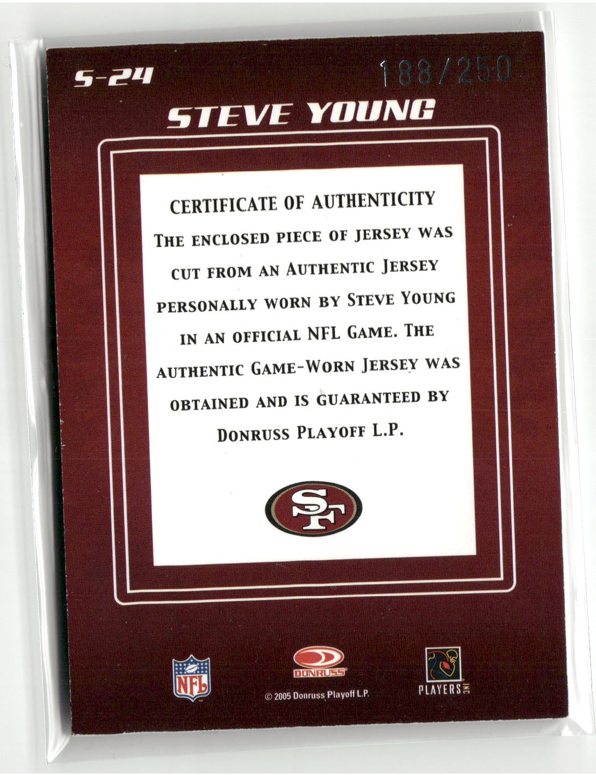 2005 Donruss Zenith #S-24 Steve Young Spellbound Jerseys Letter V #/250-6