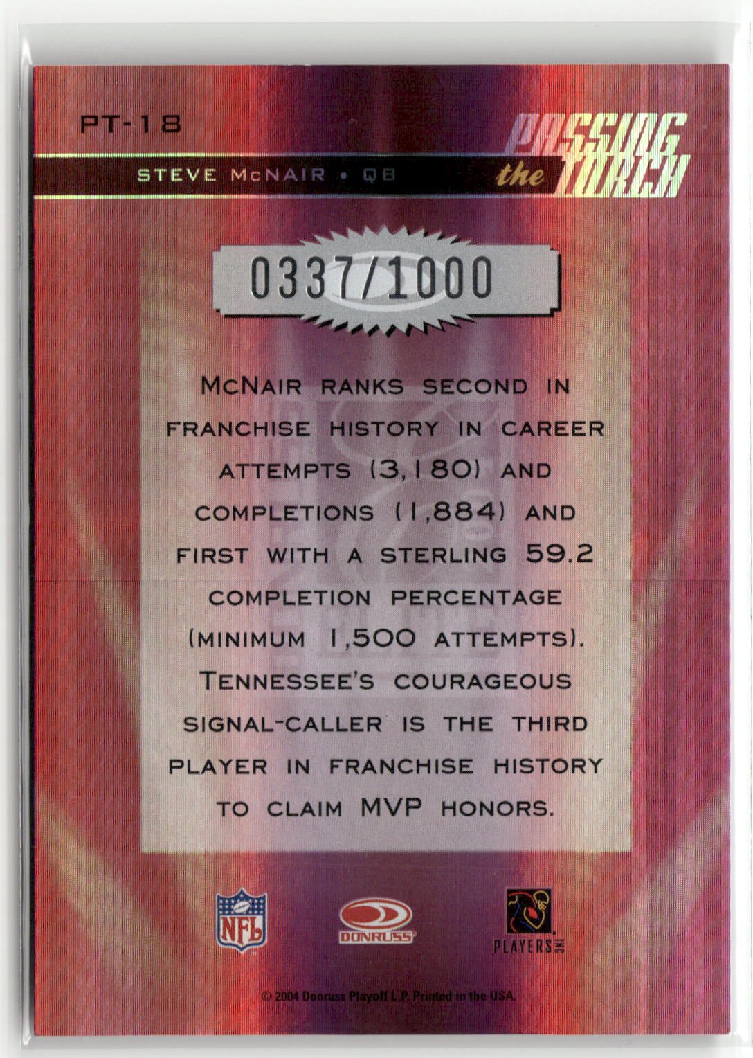 2004 Donruss Elite #PT-18 Steve McNair Passing the Torch #/1000-2