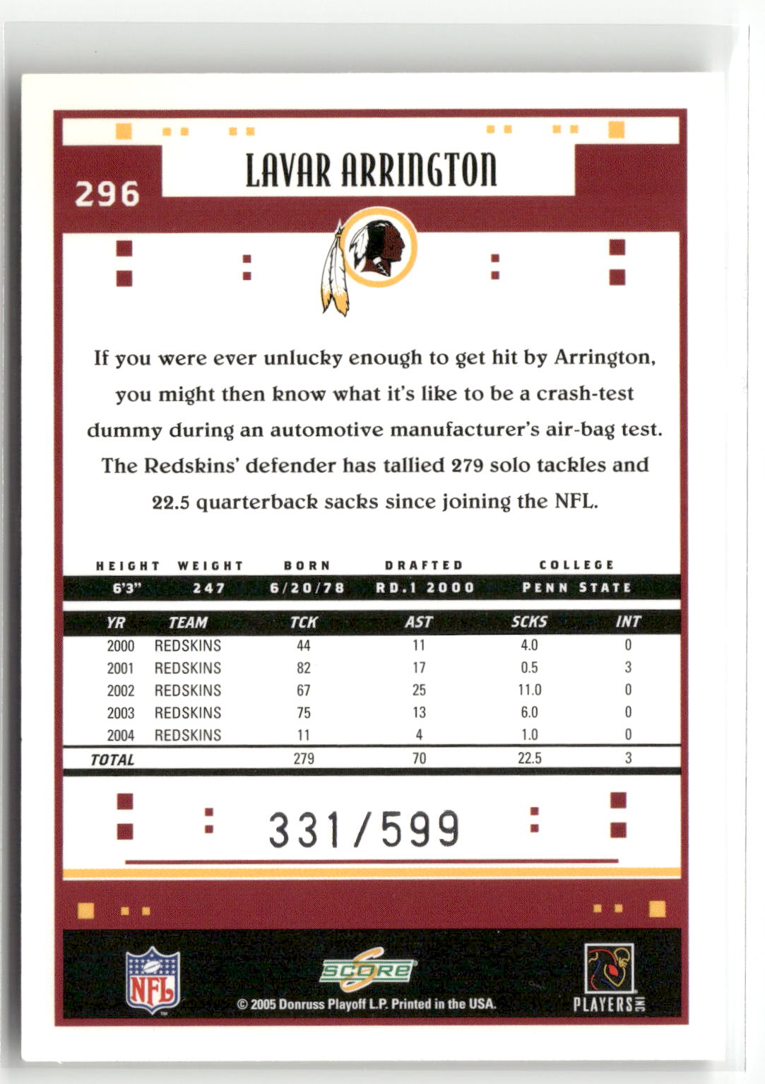 2005 Score #296 LaVar Arrington Revolution #/199-2