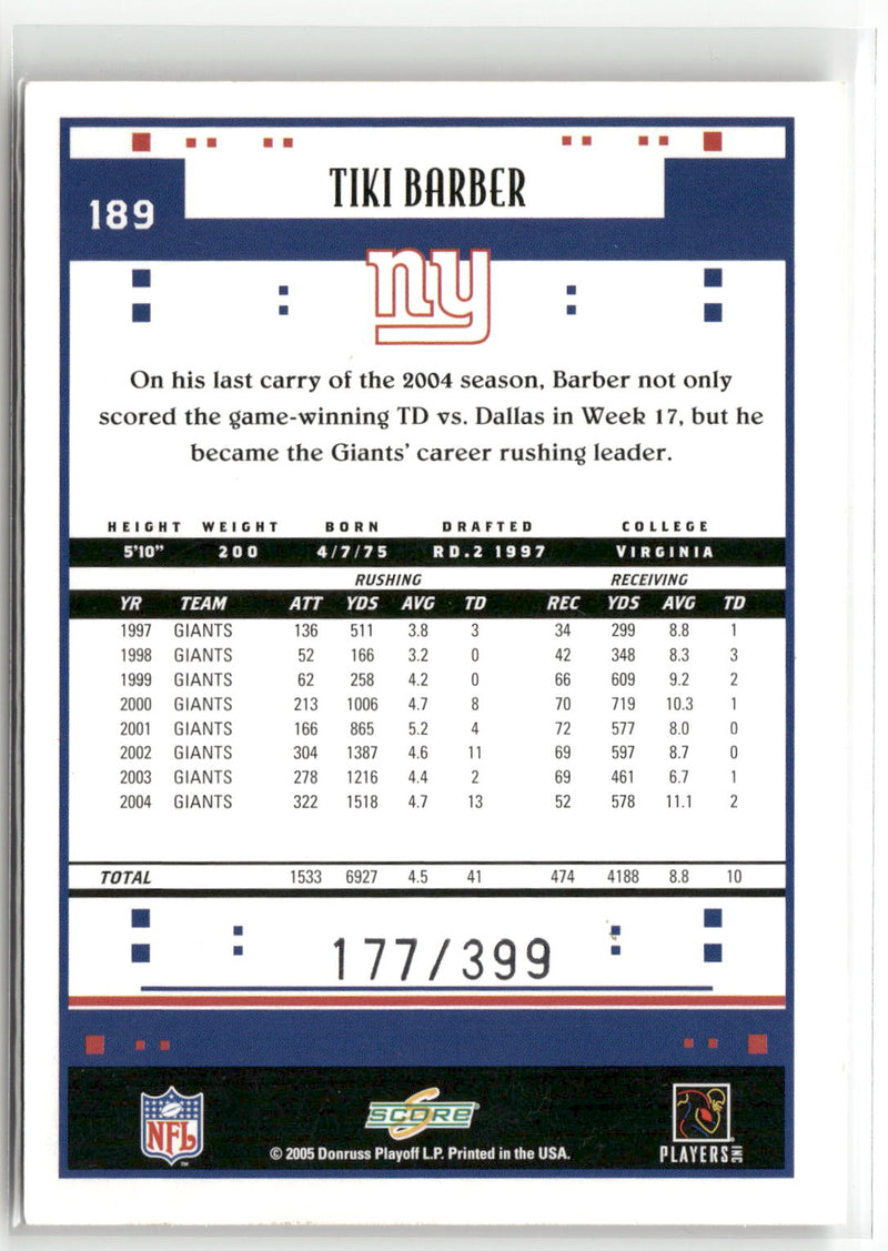 2005 Score #189 Tiki Barber Adrenaline #/399-6