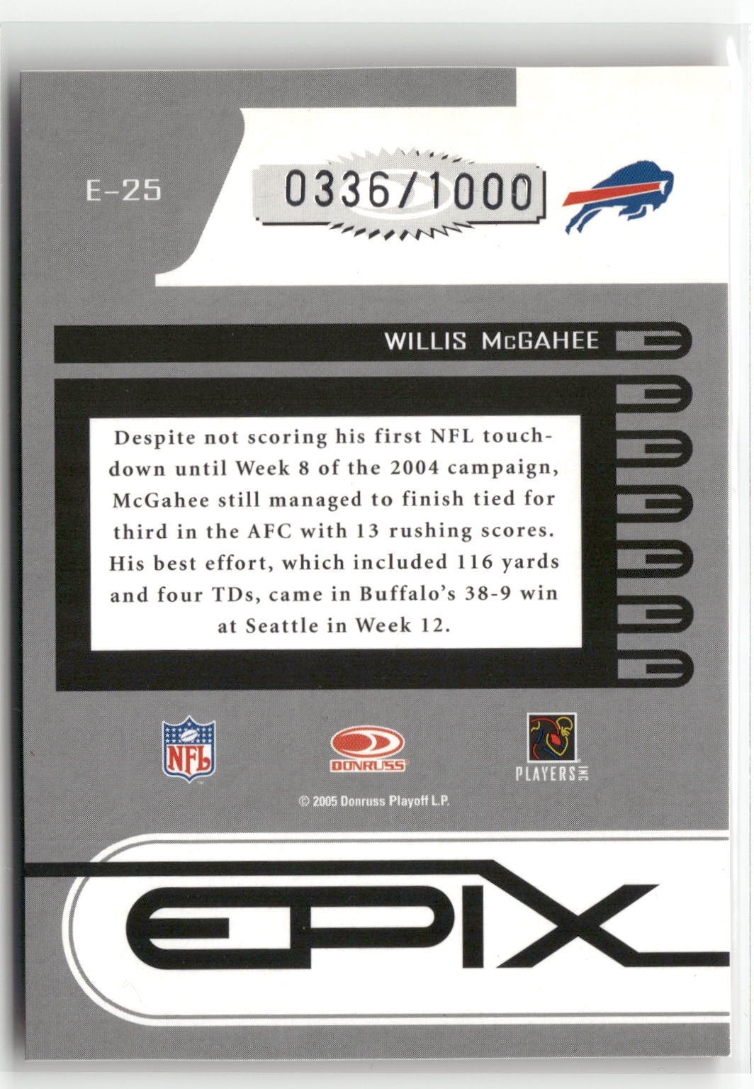 2005 Donruss Zenith #E-25 Willis McGahee Epix Orange 1st Down #/1000-2