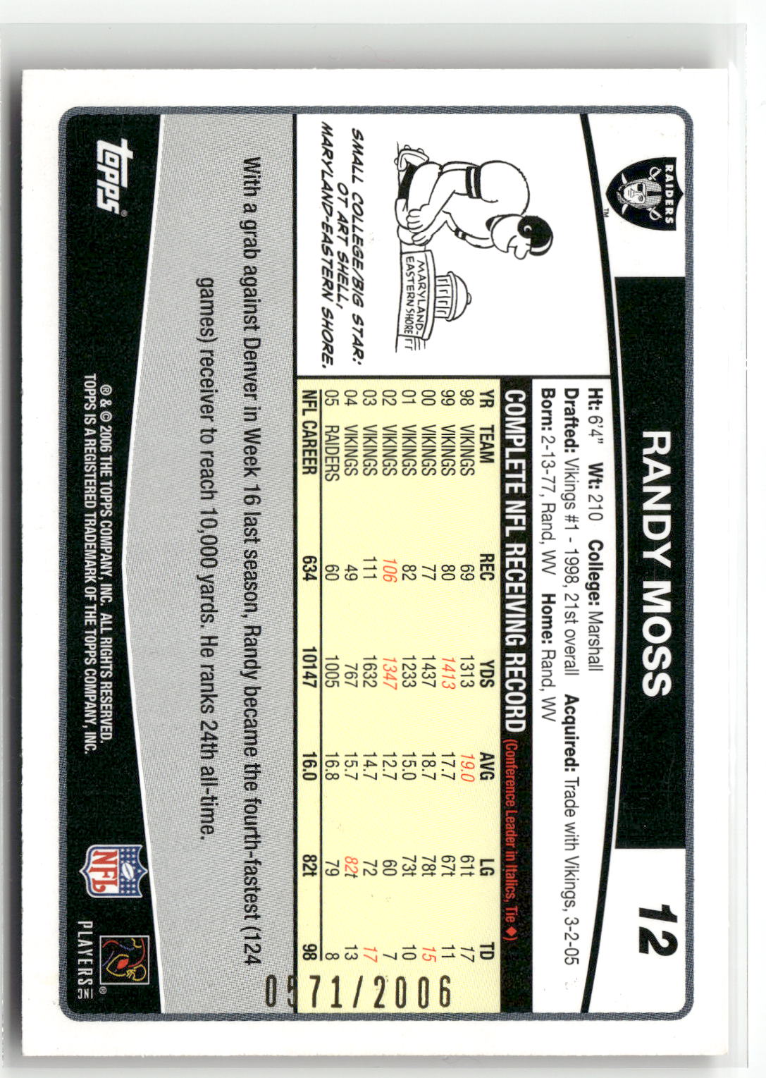 2006 Topps #12 Randy Moss Gold #/2006-2