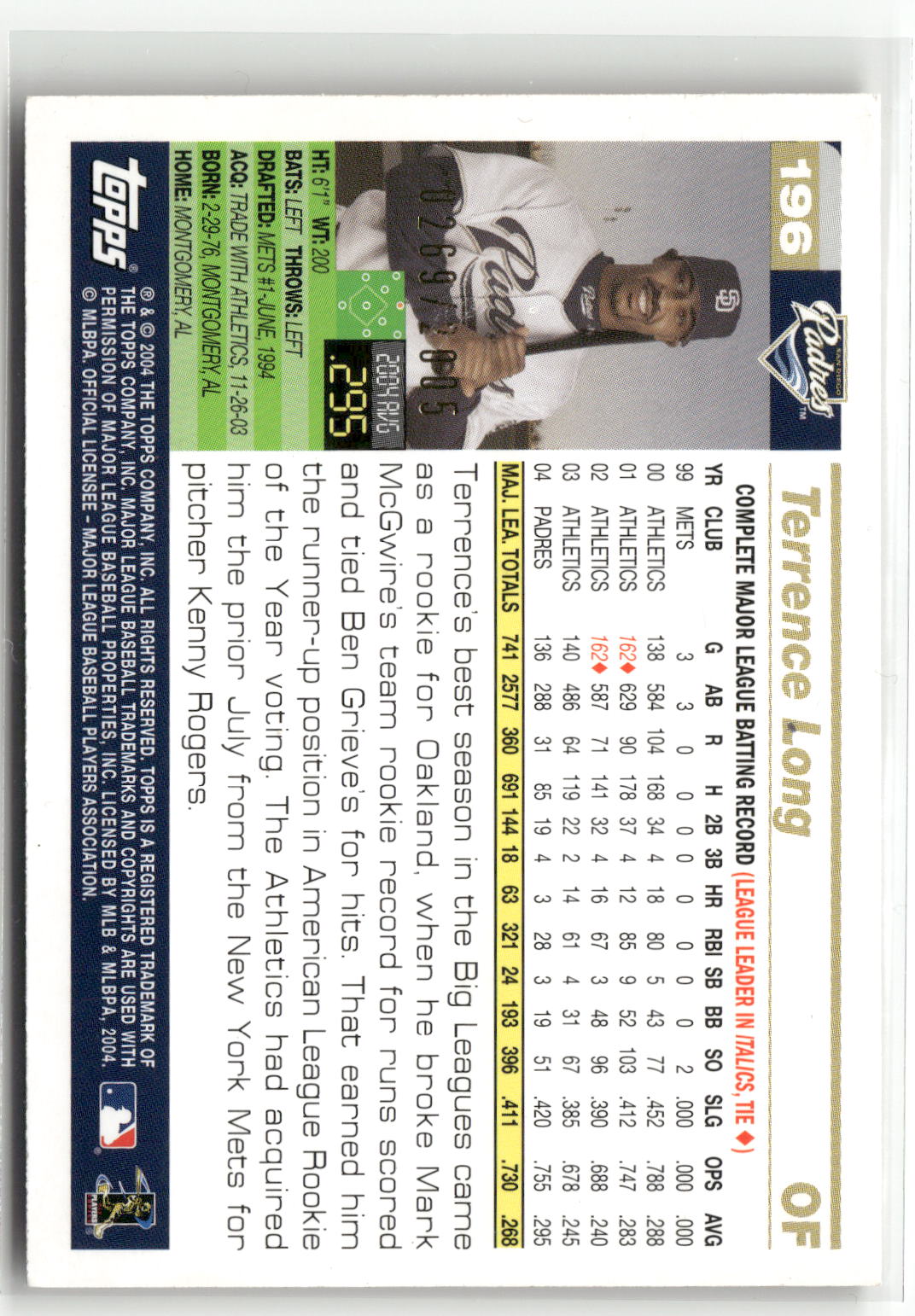 2005 Topps #196 Terrence Long Gold #/2005-12