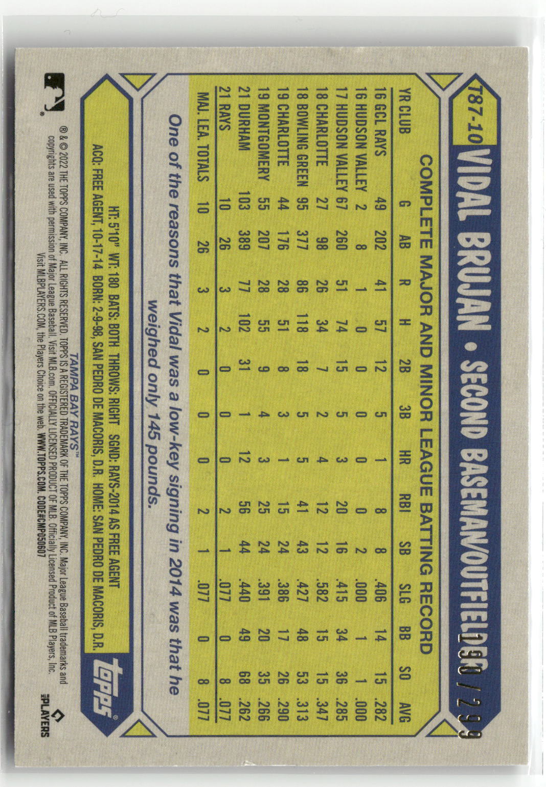 2022 Topps #T87-10 Vidal Brujan 1987 Topps Baseball 35th Anniversary Black #/299-2