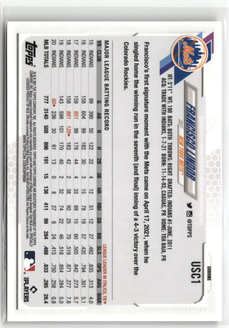 2021 Topps Chrome Update #USC1 Francisco Lindor Pink Wave Refractor-2