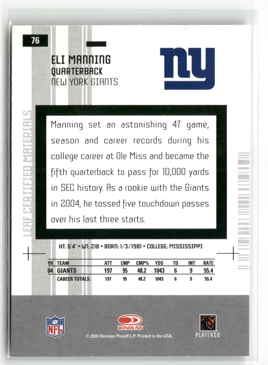 2005 Leaf Certified Materials #76 Eli Manning-2