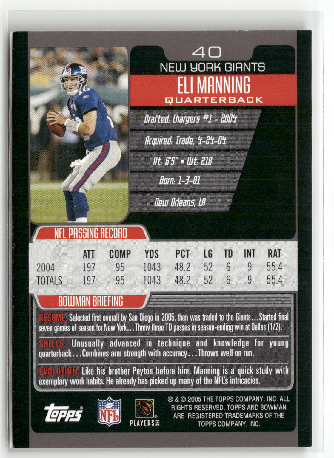 2005 Bowman #40 Eli Manning First Edition-2