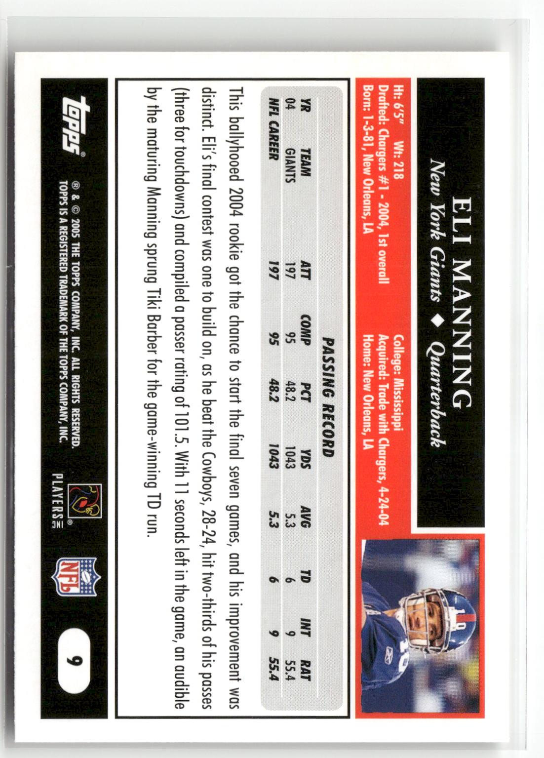 2005 Topps #9 Eli Manning-2