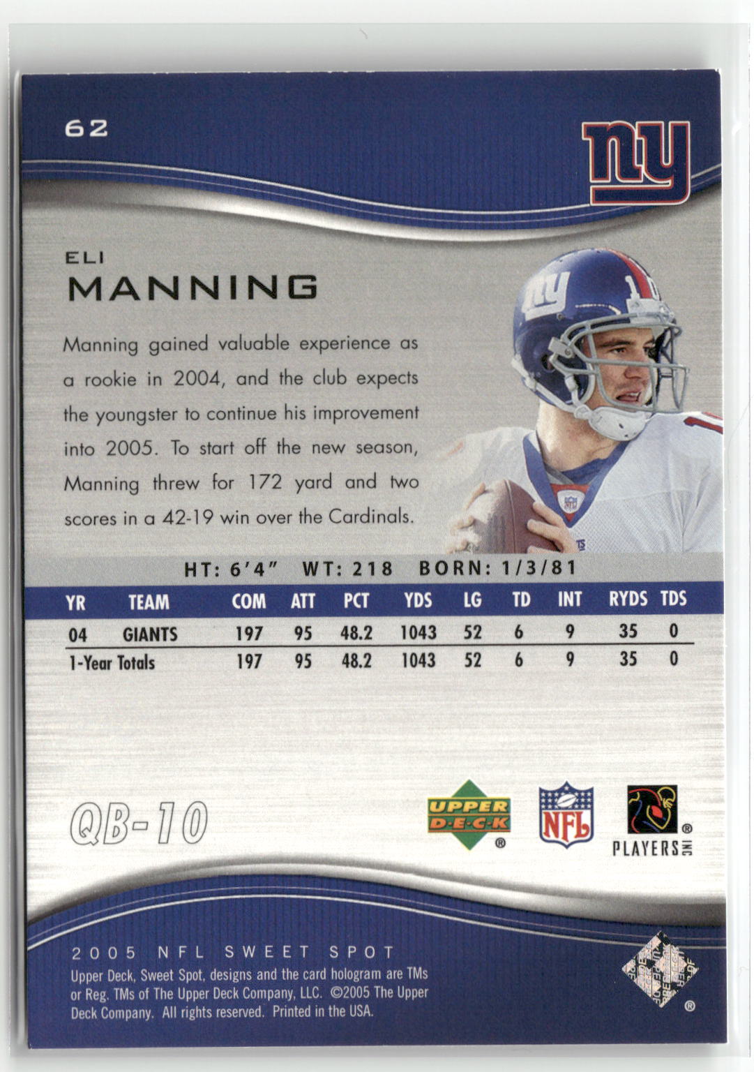 2005 Upper Deck Sweet Spot #62 Eli Manning-2