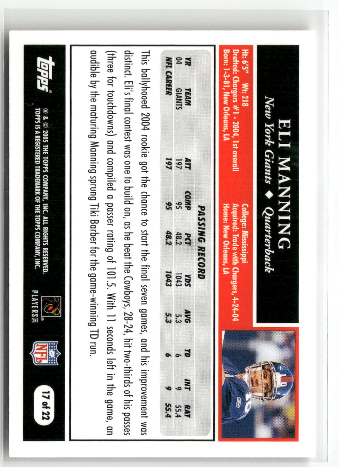 2005 Topps Turn Back the Clock #17 Eli Manning-2