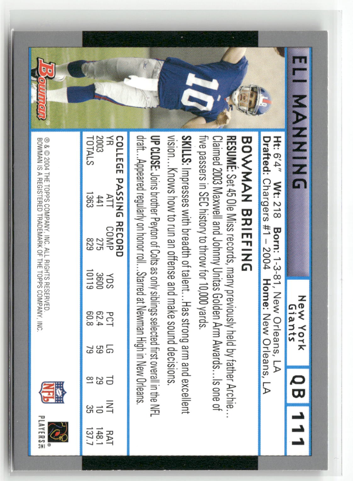 2004 Bowman #111 Eli Manning-2