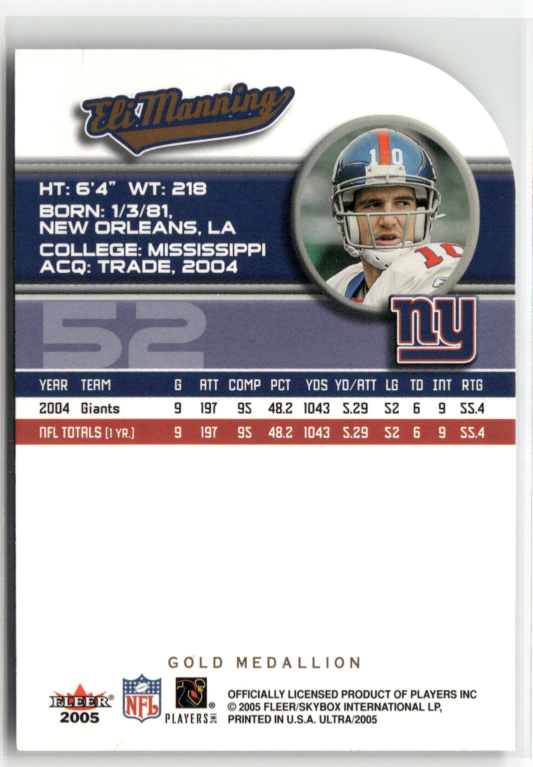2005 Ultra #52 Eli Manning Gold Medallion-2