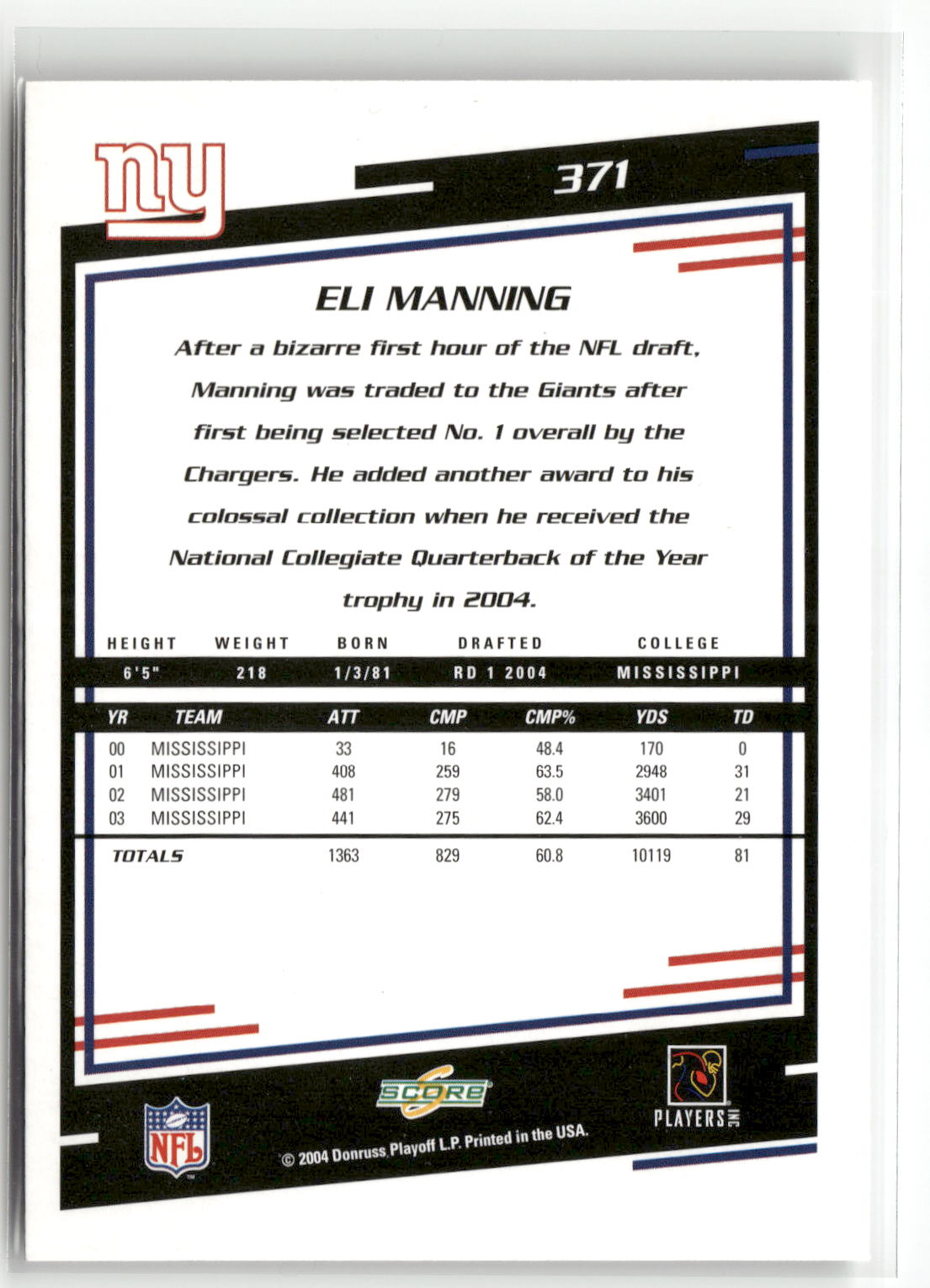 2004 Score #371 Eli Manning-2