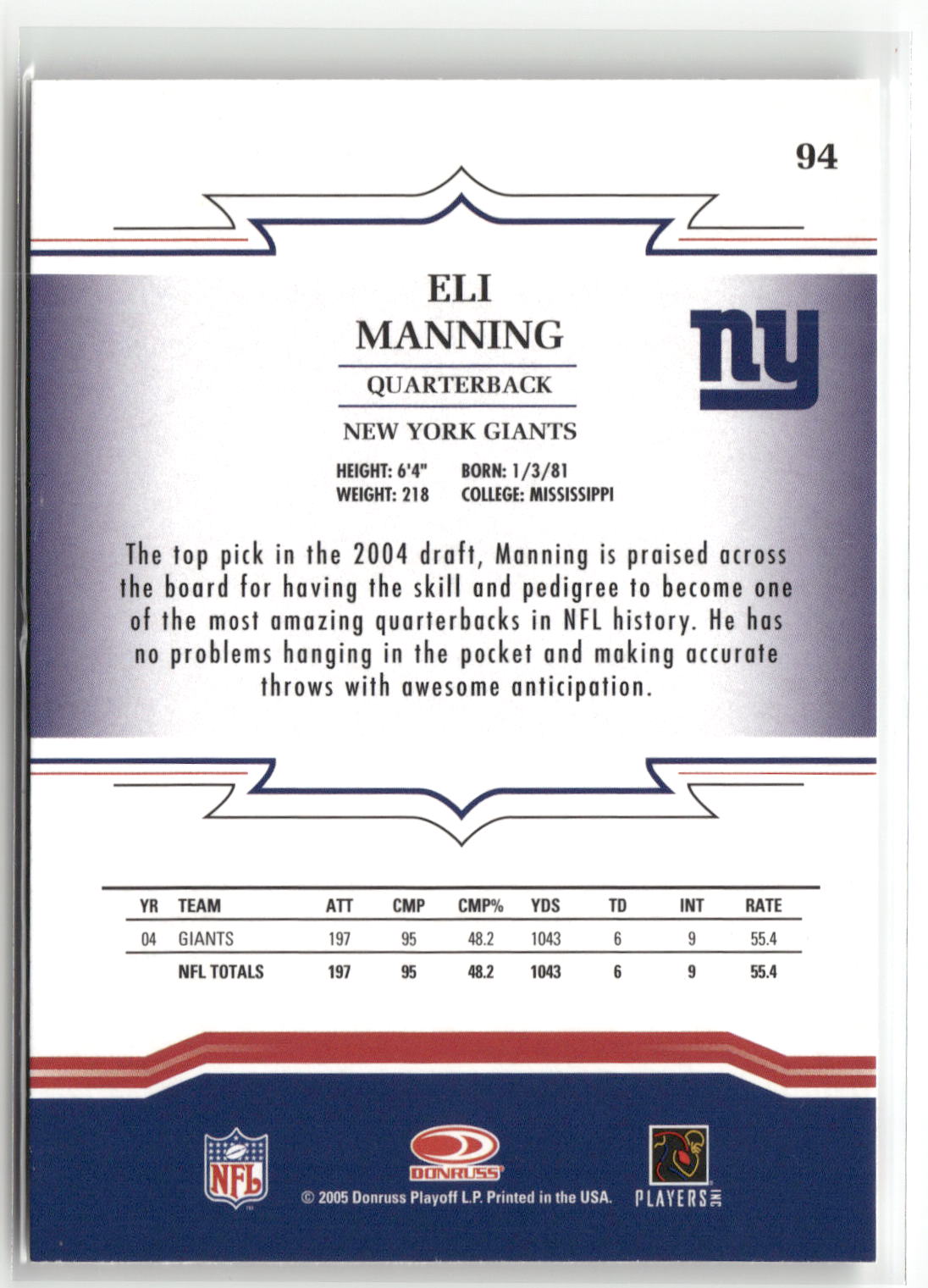 2005 Donruss Throwback Threads #94 Eli Manning-2