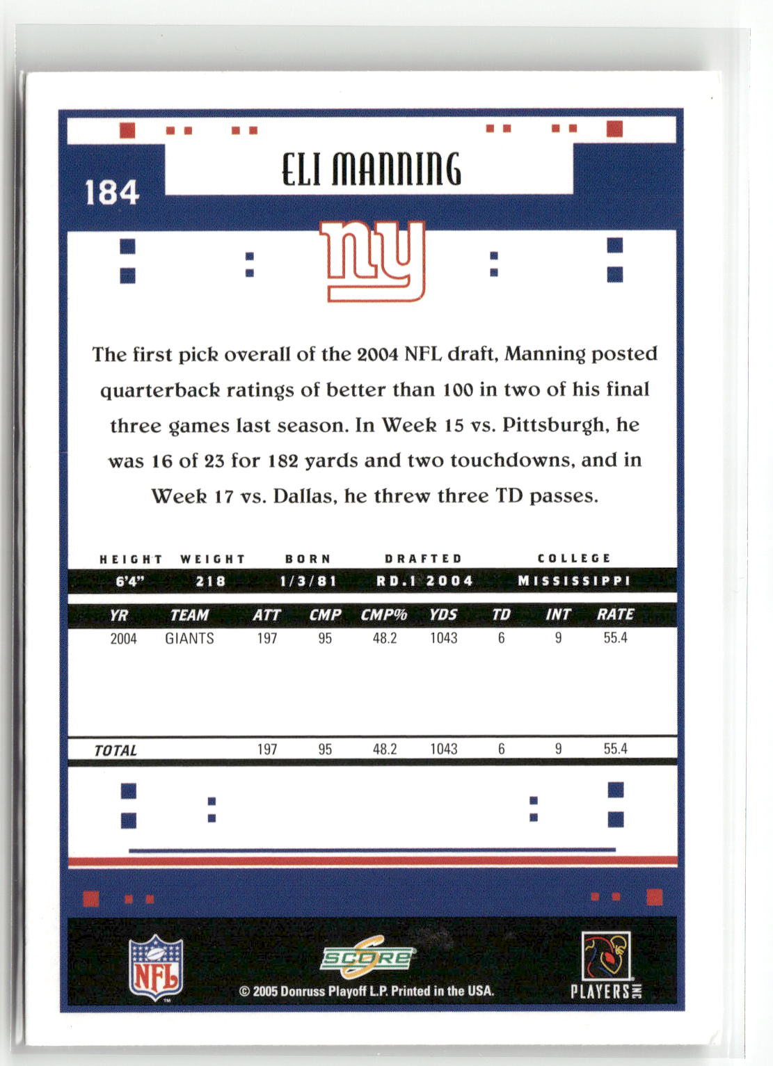 2005 Score #184 Eli Manning Scorecard #/599-2