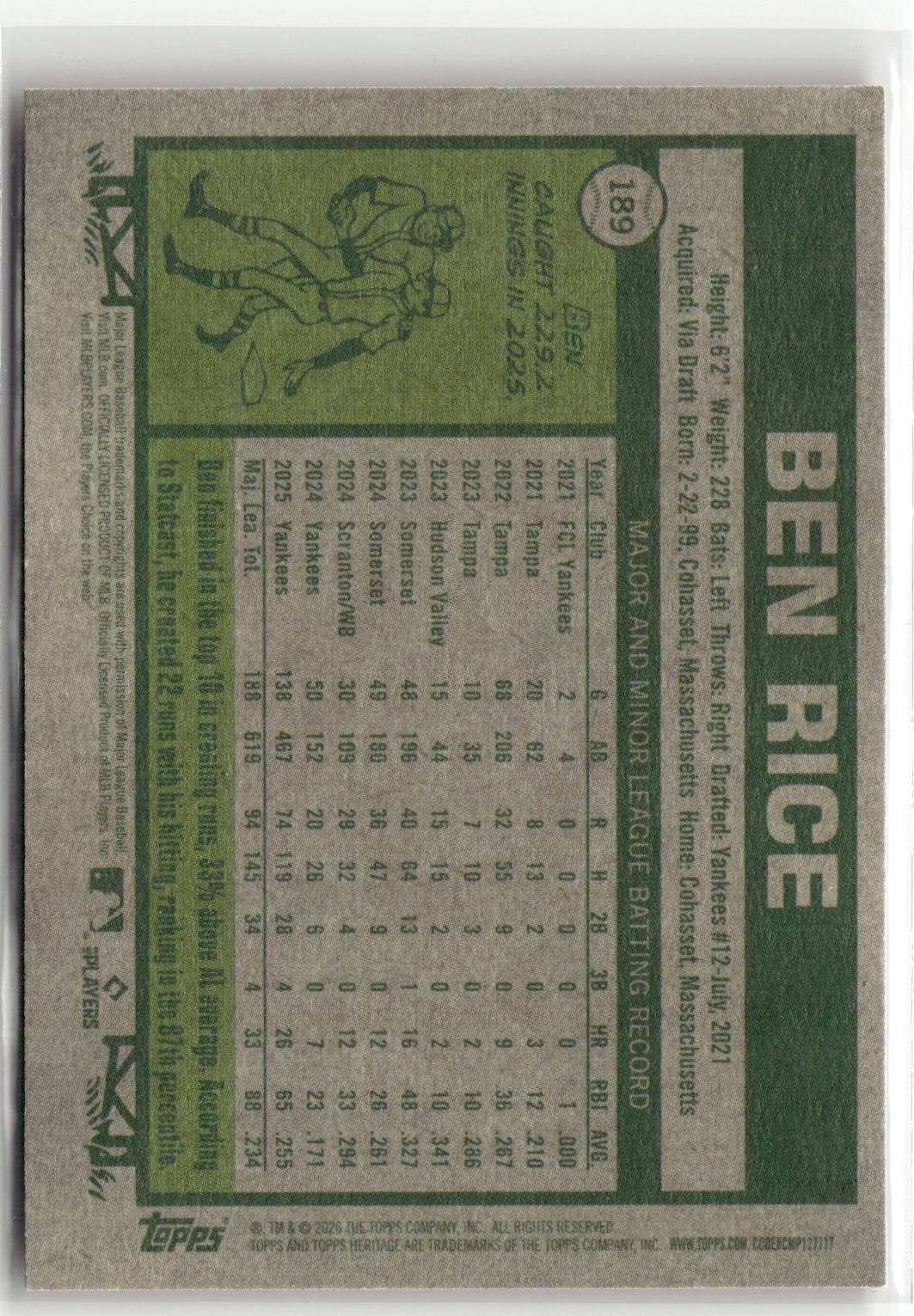 2026 Topps Heritage #189 Ben Rice Red-2