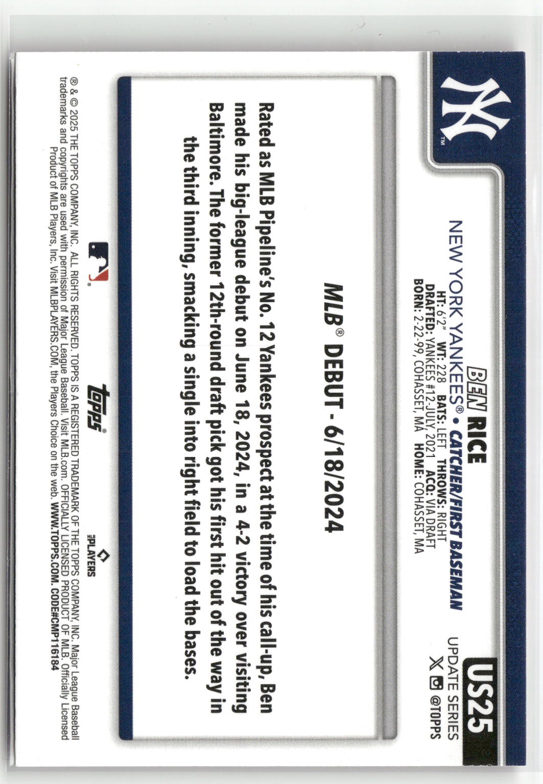 2025 Topps Update #US25 Ben Rice Pink Diamante Foil-2