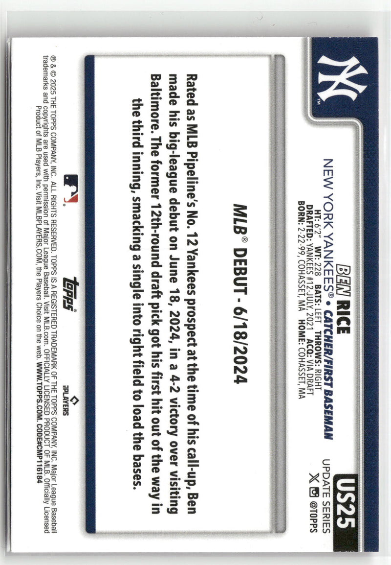 2025 Topps Update #US25 Ben Rice Pink Diamante Foil-2