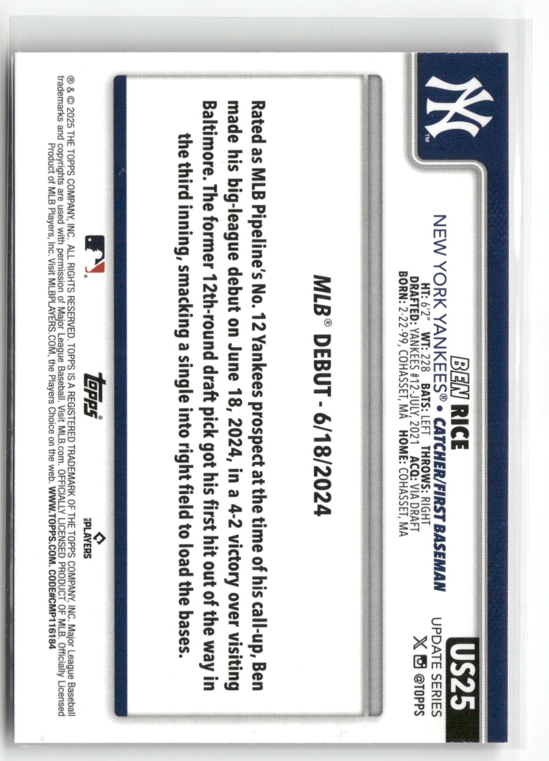 2025 Topps Update #US25 Ben Rice Pink Diamante Foil-6
