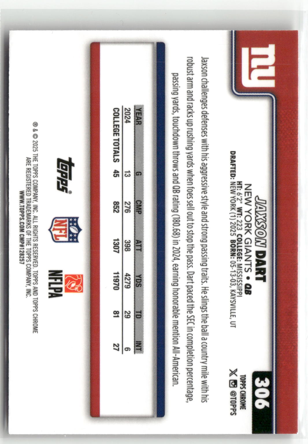 2025 Topps Chrome #306 Jaxson Dart Football Leather Refractor-2