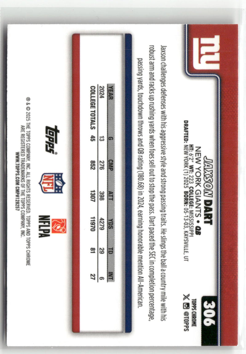 2025 Topps Chrome #306 Jaxson Dart Football Leather Refractor-6