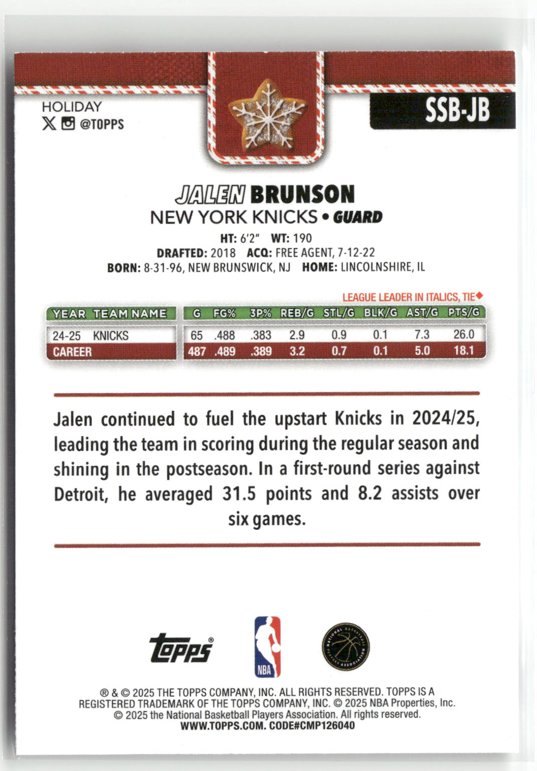 2025-26 Topps Holiday #SSB-JB Jalen Brunson SSP Back Variations-2