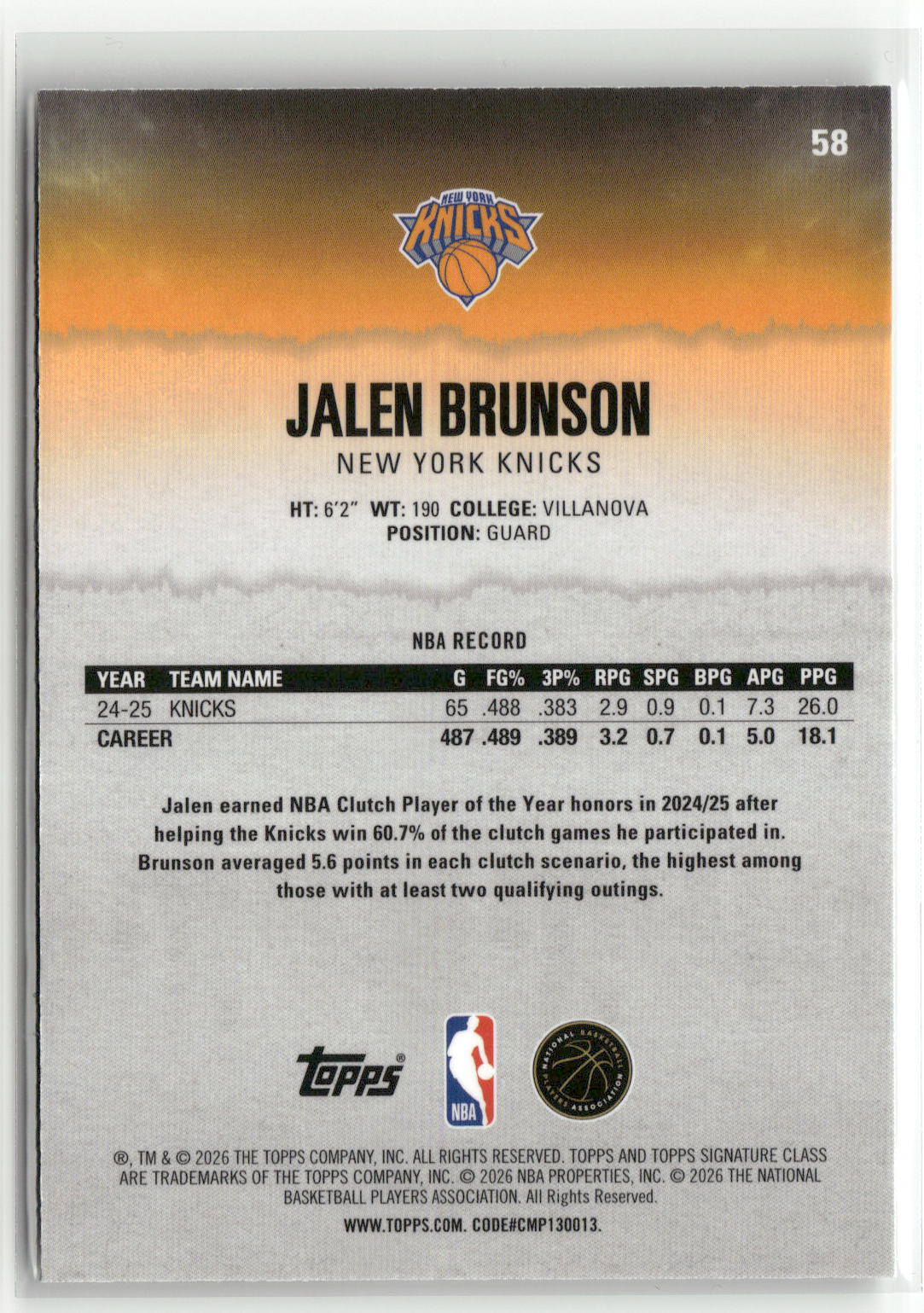 2025-26 Topps Signature Class #58 Jalen Brunson Chrome-2