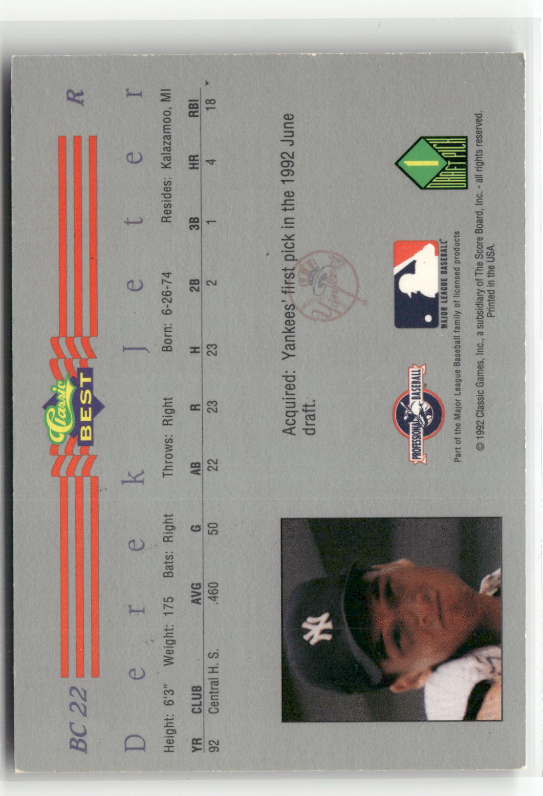 1992 Classic Best #BC22 Derek Jeter Blue Bonus-2