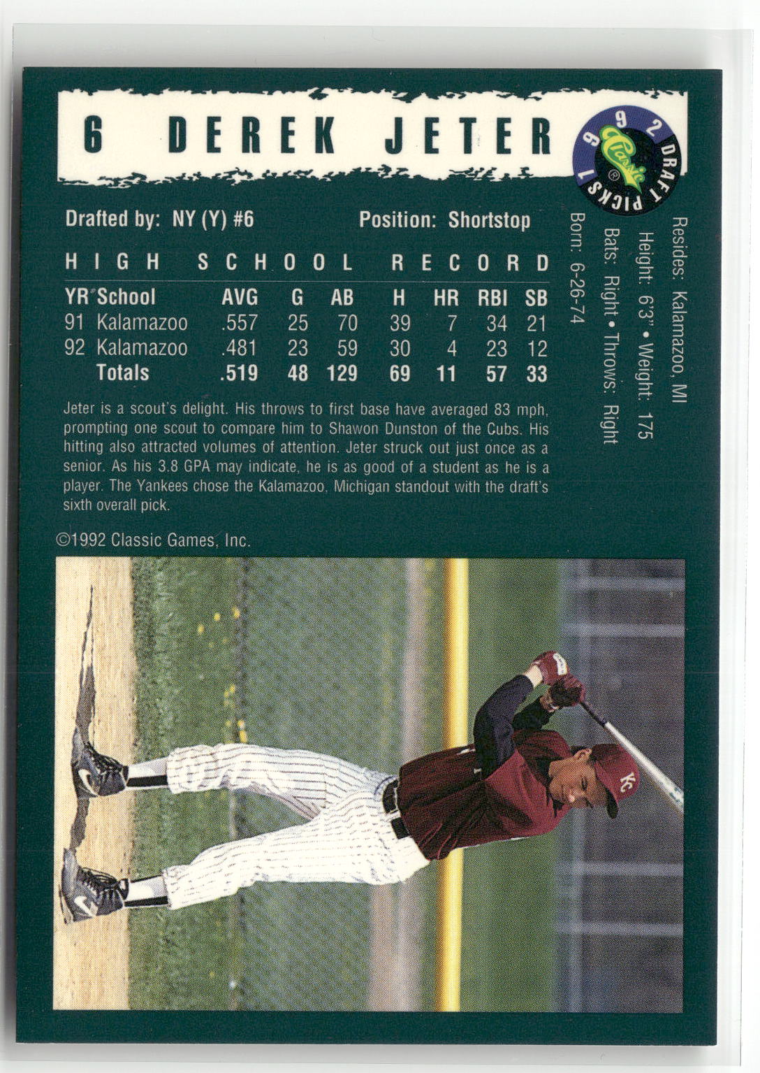 1992 Classic Draft Picks #6 Derek Jeter-2