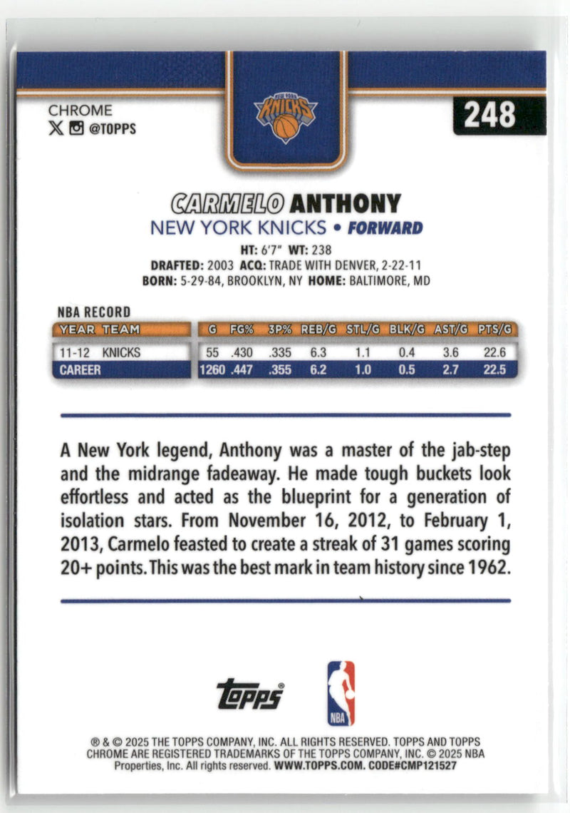 2025-26 Topps Chrome #248 Carmelo Anthony Refractor-2