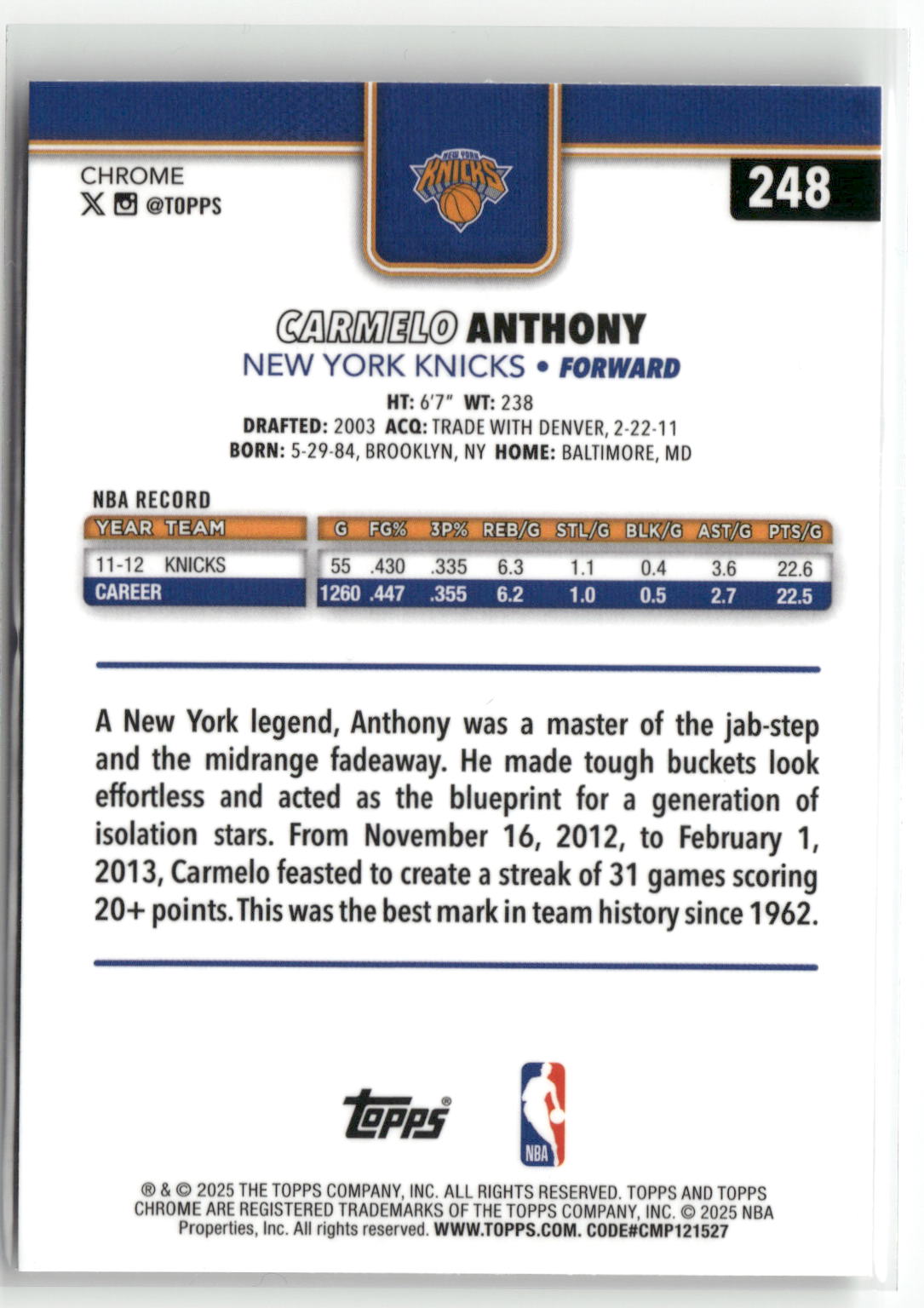 2025-26 Topps Chrome #248 Carmelo Anthony Prism Refractor-2