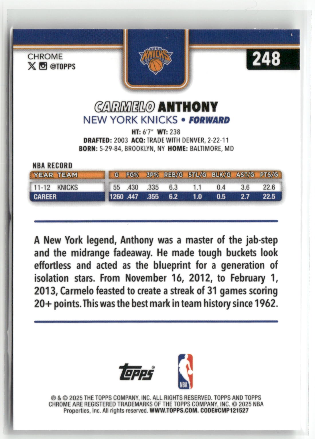 2025-26 Topps Chrome #248 Carmelo Anthony Wave Refractor-6