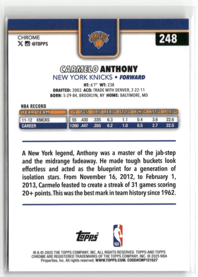 2025-26 Topps Chrome #248 Carmelo Anthony Red White and Blue Refractor-2
