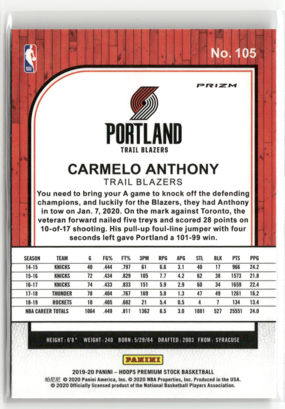 2019-20 Hoops Premium Stock #105 Carmelo Anthony Prizms Silver Laser-2