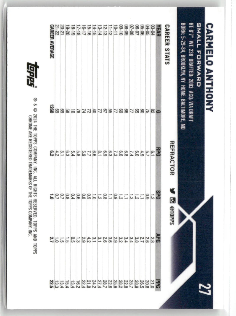 2023-24 Topps Chrome #27 Carmelo Anthony Refractors-2