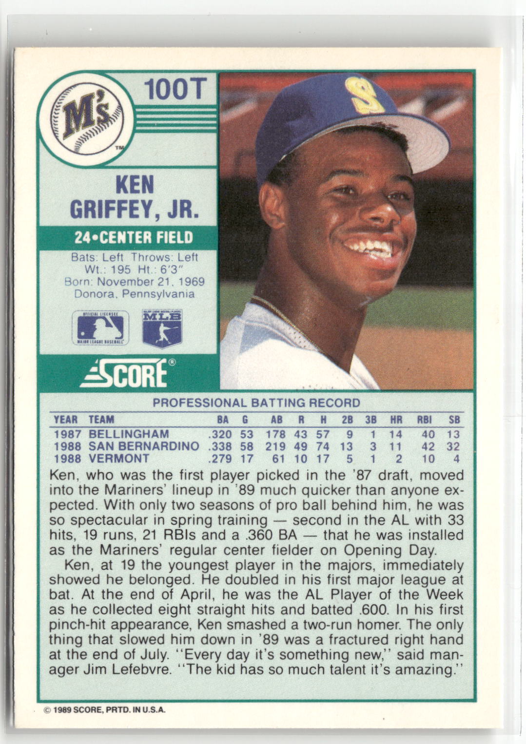 1989 Score Rookie & Traded #100T Ken Griffey, Jr.-2