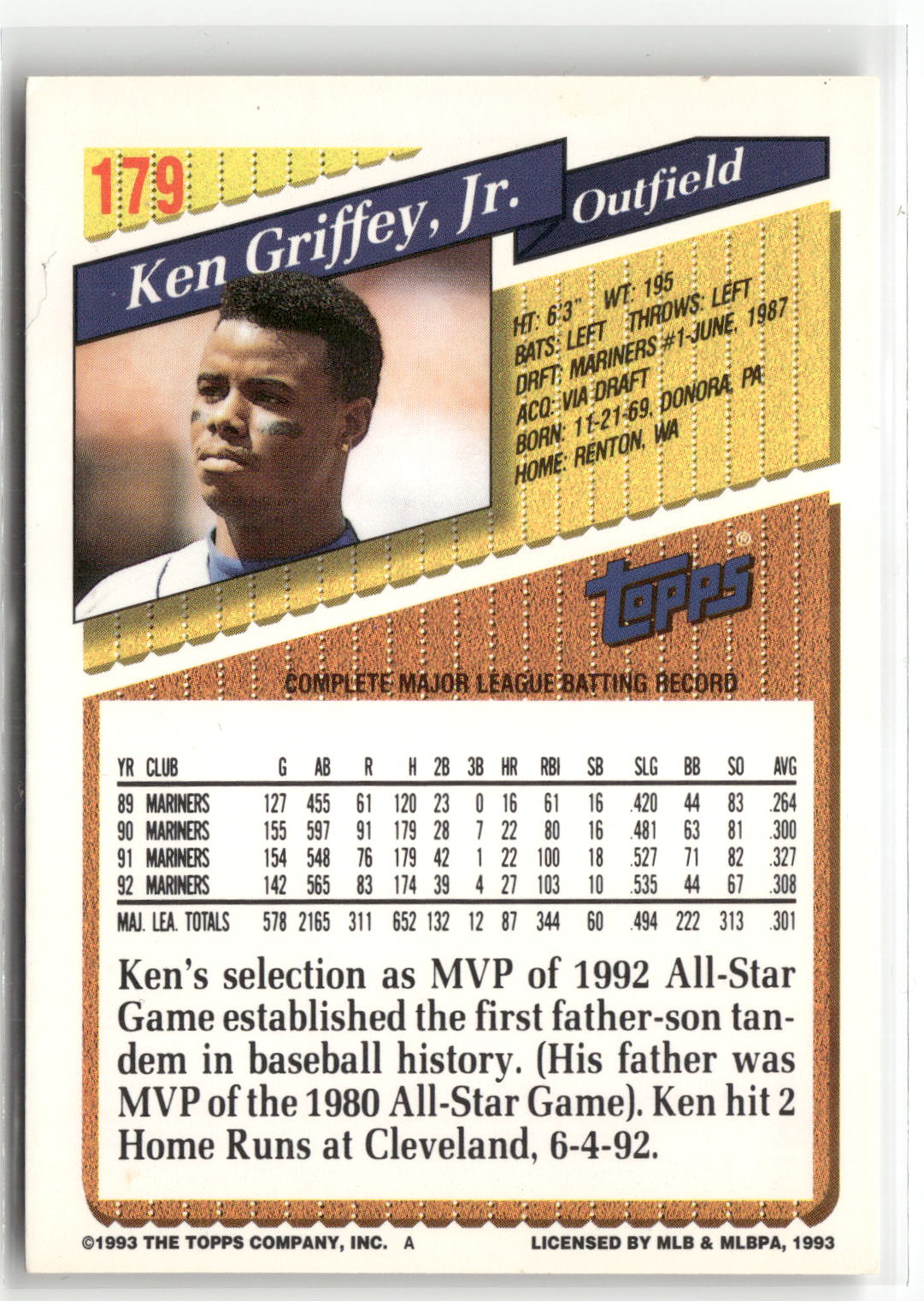 1992 Topps #179 Ken Griffey, Jr. 1993 Topps Pre-Production Samples-2