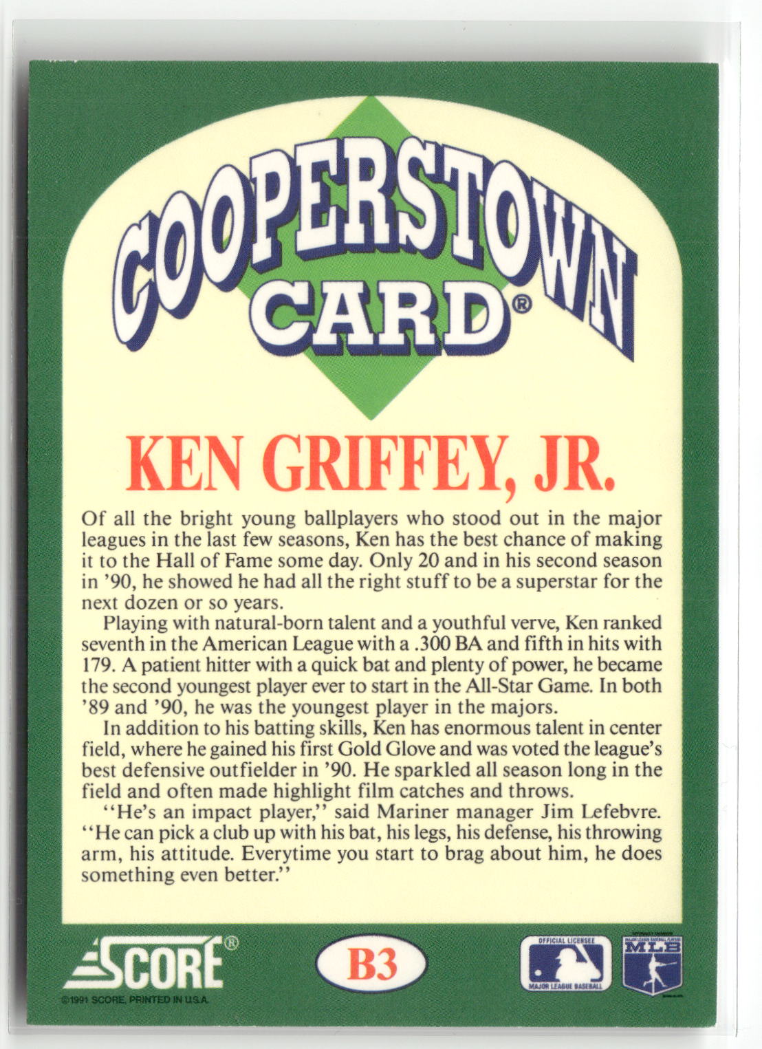 1991 Score #B3 Ken Griffey Jr. Cooperstown-2