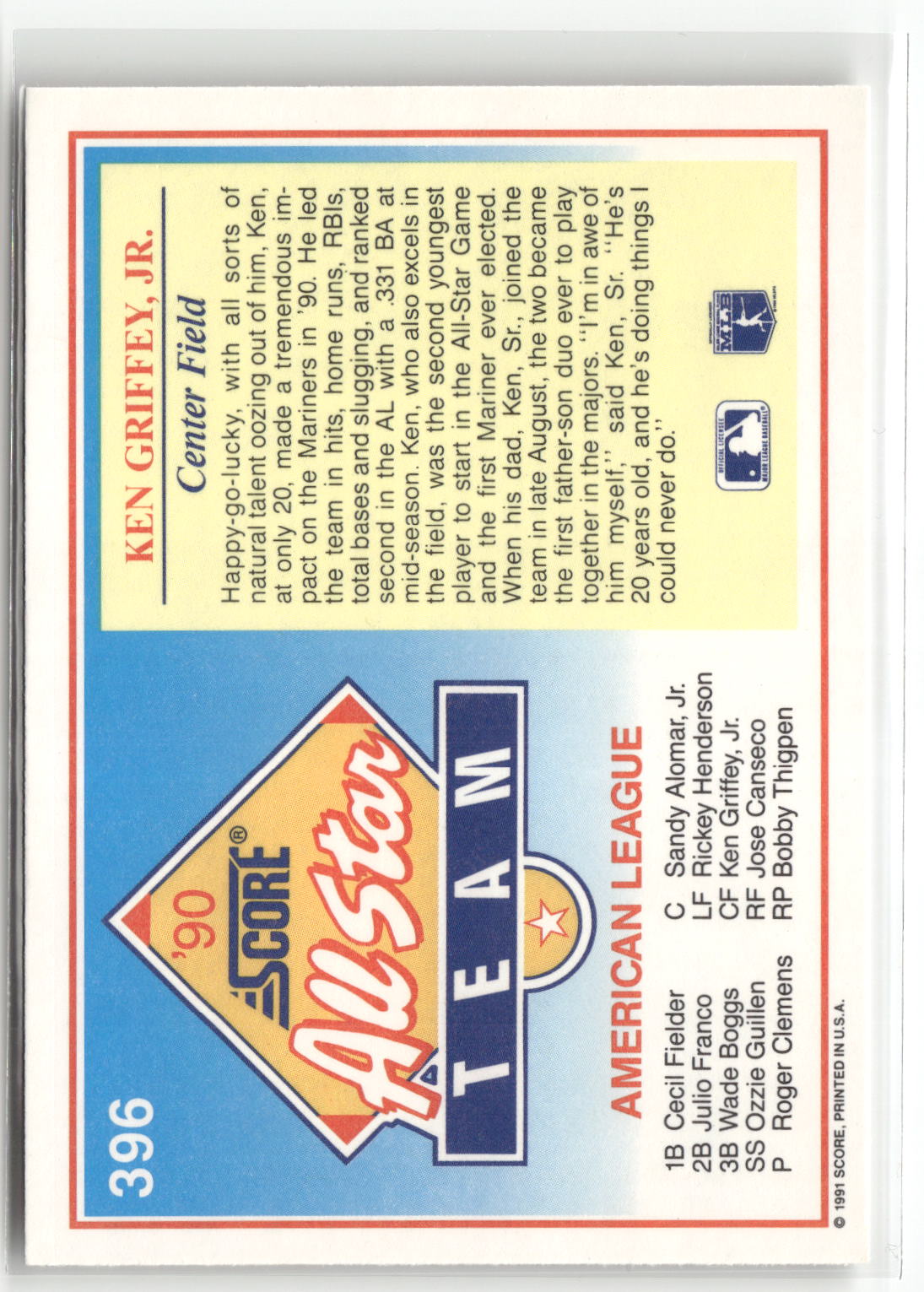 1991 Score #396 Ken Griffey, Jr.-2