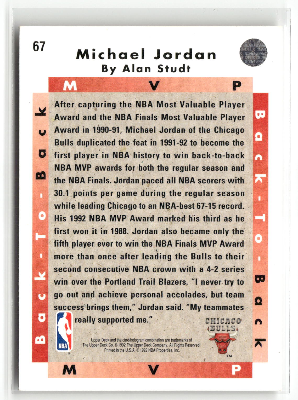 1991-92 Upper Deck Italian #107b Back-to-Back NBA MVP (Michael Jordan)-2